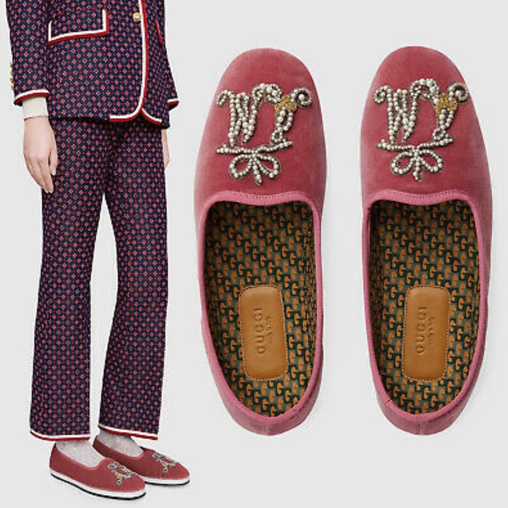 Gucci Pink Velvet Pearl Monogram Slip on Loafers